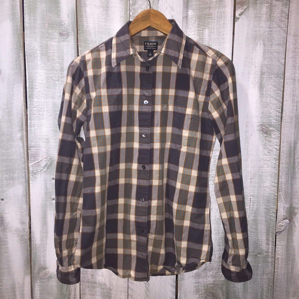 Filson Scout Shirt Womens Small Green Purple Plaid Long Sleeve Button Up Outdoor